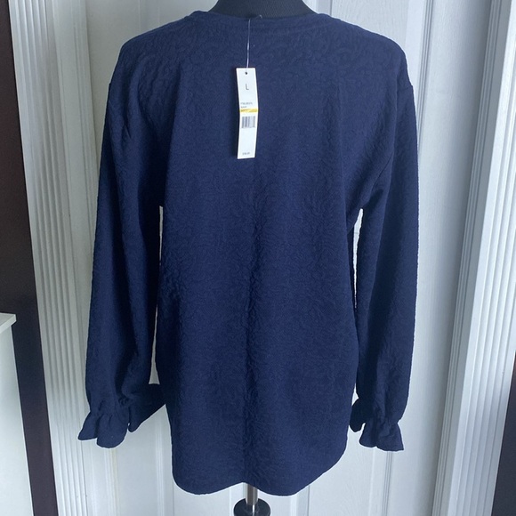 Sharagano Women’s Navy Blue Embossed Long Sleeve Top w Ruffle Cuffs sz L NWT - Picture 5 of 7